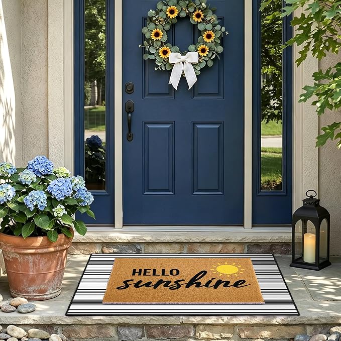 2 Pcs Layered Front Porch Decor, Hello Sunshine Welcome Doormats Summer Coastal Entryway Rug Set, Black and White Striped Crystal Velvet Base and PVC Coil Door Mat, 15.7x23.6 & 23.6x31.5