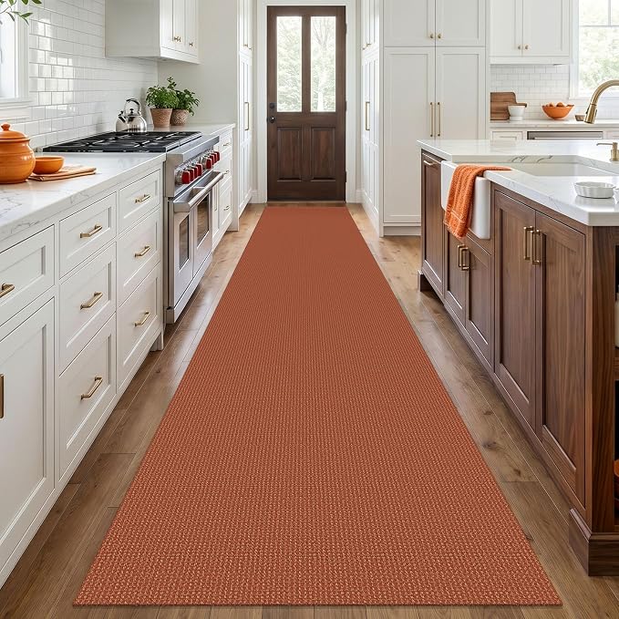 IOHOUZE Washable Exrea Long Hallway Runner Rug 3x18 Non Slip Rubber Backed Kitchen Runner Entryway Runner Indoor, Woven Rugs Floor Carpet for Kitchen Hall Entryway, Burnt Orange/Tan