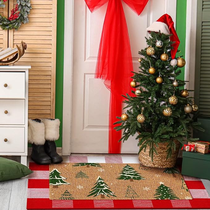 Moucuny 2 Pcs Christmas Coir Doormat Outdoor, Non Slip | Christmas Tree Welcome Coir Door Outdoor Red White Plaid Rug Front Door Porch Entryway Decor, 24'' x 35'', 16'' x 28''