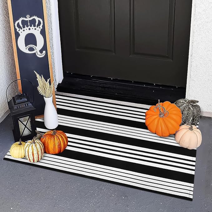 OJIA Front Door Mat 24"x35" Black and White Outdoor Rugs Front Door Rug | Washable Entryway Rug Cotton Woven Indoor Outdoor Doormat Small Area Rugs Layered Doormat for Porch/Outside Entrance Decor