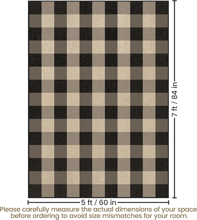 Washable Checkered Easy Jute Rug 5x7, Black Plaid Checkerboard Geometric Modern Outdoor Indoor Patio Large Rug, Woven Thin Carpet Mat for Living Dining Play Room Bedroom Classroom Kids Nursery