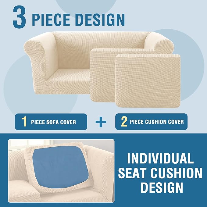 H.VERSAILTEX 3 Pieces Loveseat Slipcovers for 2 Cushion Couch Stretch Traditional Chesterfield Loveseat Cover Mid Century Deep Seat Couch Cover, Thicker Jacquard Fabric(Medium Sofa, Natural)