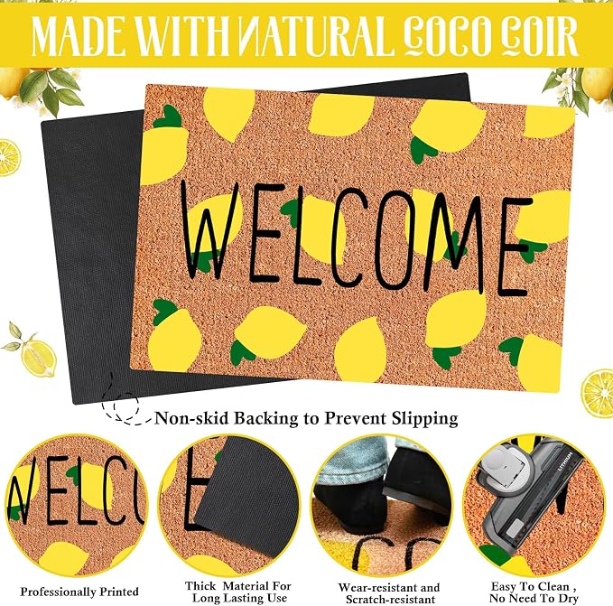 Ceenna Summer Lemon Coir Doormat Outdoor Summer Welcome Rug with Non Slip Backing Lemon Front Door Mat Front Porch Rugs for Farmhouse Home Entrance Anniversary, 16 x 28inches