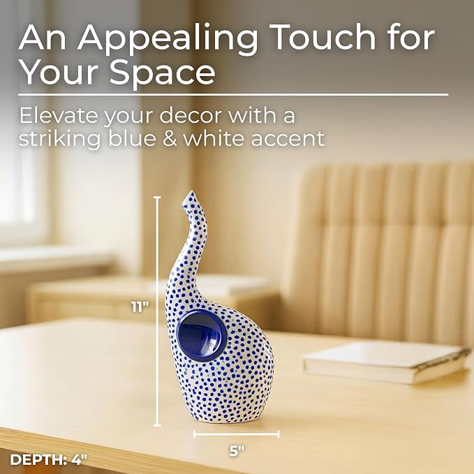 Ceramic Elephant Figurine Sculpture – Artful Accent for Room Decor and Display, Shelf, Desk, Or Entry Table Styling, Boho Home Decor Polka Dot Design with Raised Trunk – 11", Blue and White Finish