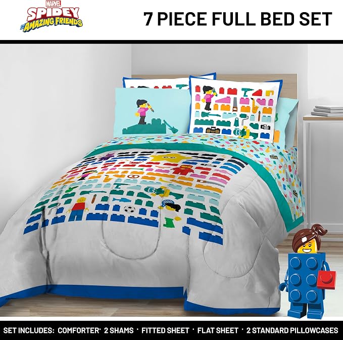 LEGO® Blocks Full Comforter Set 7 Piece Soft Kids Bedding, White | Bed in a Bag, Comforter Sheets Shams Pillowcases, Official Product, Soft Microfiber, Machine Washable Easy Care, Kids Gift