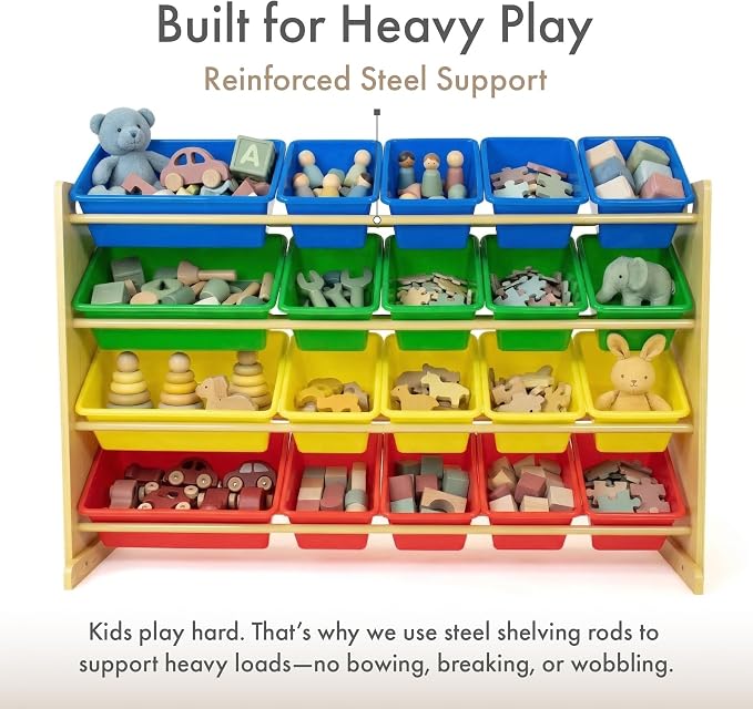 Humble Crew Kids Toy Organizer with 20 Bins, 4 Tier Storage for Playroom | Sturdy wood and steel toddler shelf, removable BPA-free containers, wall anchor anti-tip safety kit for bedroom or classroom