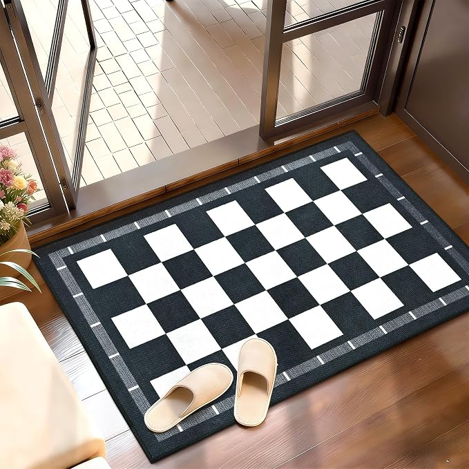 Vasofe Jute Checkered Rug, 2x3 Small Entry Rug, Outdoor Doormat, Indoor Mat | Washable Front Door Mat Kitchen Rug Non Slip Area Rugs, Farmhouse Low Pile Carpet for Entryway Porch, Black and White