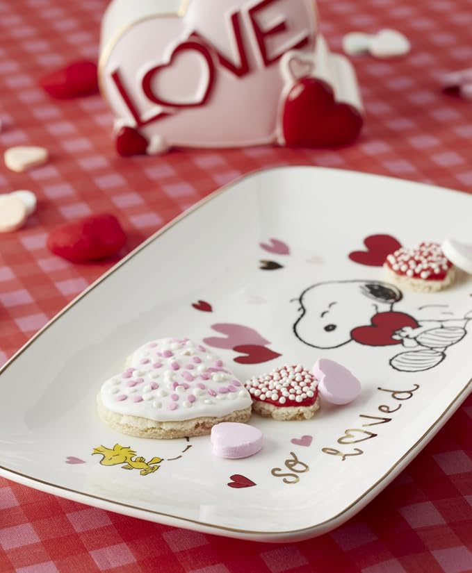 Lenox Peanuts Snoopy Valentine's Day Porcelain Serving Tray | dishwasher safe, microwave safe | 13.75 x 7.75 inch | collectible gift for snoopy fans | 1.1 inch, food tray