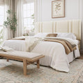 SHA CERLIN California King Bed Frame, Velvet Upholstered Bed with Adjustable Headboard, Vertical Channel Tufted Design, Sturdy Wood Slat Support, No Box Spring Needed, Easy Assembly, Cream