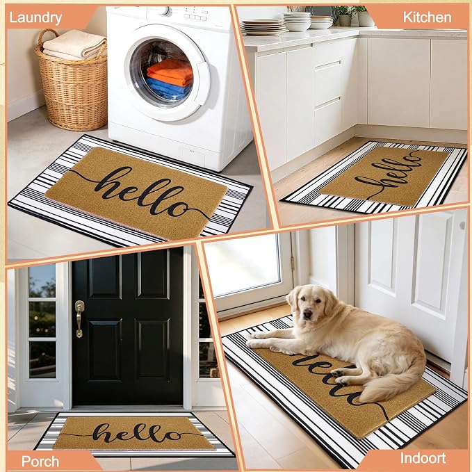 2pcs Layered Doormat Set, Welcome Door Mat for Outdoor Front Door, 16x24 PVC Coil & 24x32 Crystal Velvet Non-Slip Layering Entry Mats for Farmhouse Porch Decoration（Hello, Striped）