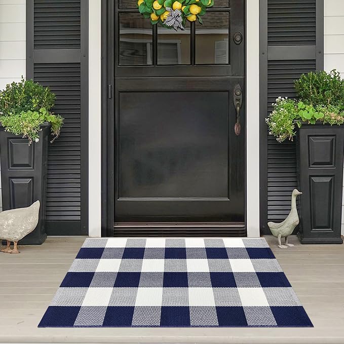 Buffalo Plaid Outdoor Rug 2x3 Cotton Woven Navy and White Checkered Doormat Washable Front Porch Mat Fall Layered Carpet for Indoor Outdoor Entryway Farmhouse Decor Area Rug