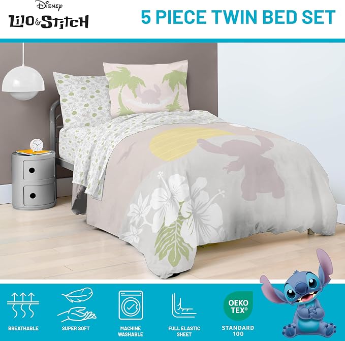 Disney Lilo and Stitch Twin Comforter Set 5 Piece Bedding for Girls, Beige | Bed in a Bag, Comforter Sheets Sham Pillowcase, Official Product, Soft Microfiber, Machine Washable, Easy Care, Girls Gift