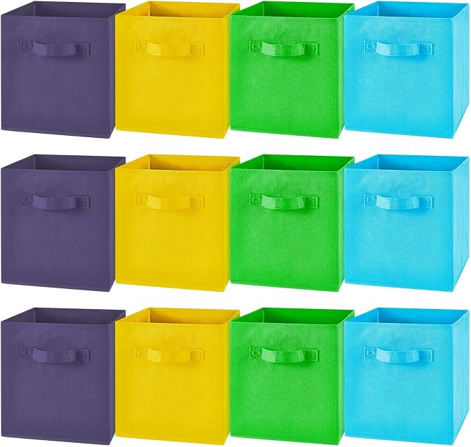 Yinder 12 Pcs Cube Storage Bin 10.5''x10.5''x11'' Storage Bins for Playroom Decor Colorful Bins for Kids Foldable Baskets for Nursery Organizer Boxes Fabric Boxes (Sky Blue, Green, Yellow, Dark Blue)
