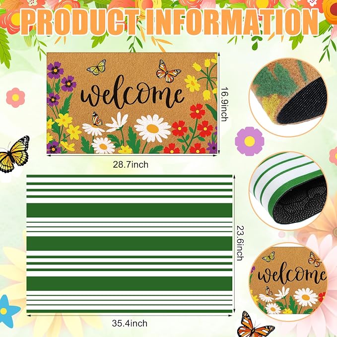 Tinideya 2 Pcs Door Mat Welcome Non Slip Coir Mats Floor Layering Doormats Seasonal for Front Porch Entryway Decor(Spring Flowers)