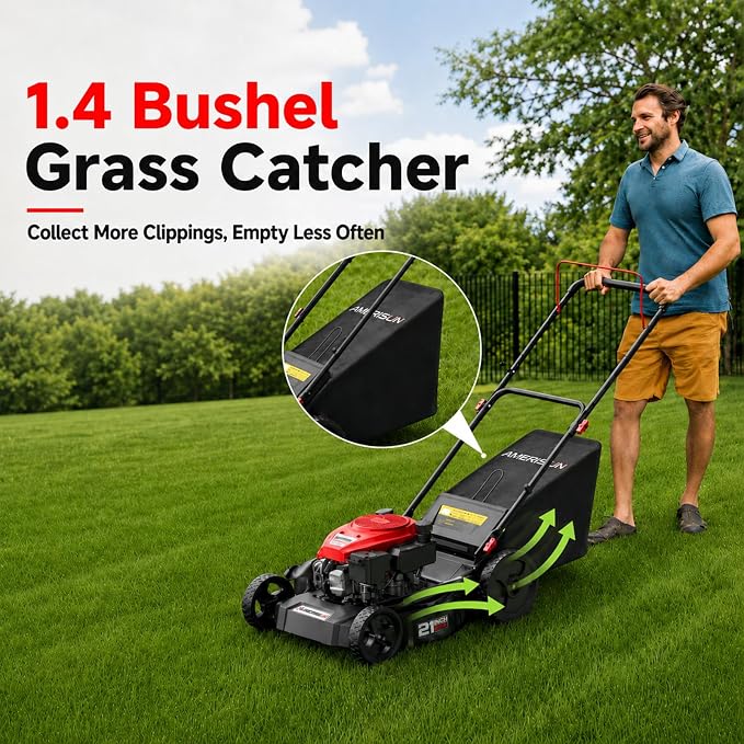 AMERISUN 21" 144cc 4-Cycle OHV Gas Push Lawn Mower,3-in-1 Walk-Behind Mower | Lightweight design with 6 height settings. Mulching, side discharge and rear bag system for backyard yard maintenance