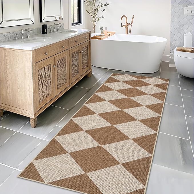 COZYLOOM Geometric Area Rug 2x8 Runner Rug for Hallway Non Slip Stain Resistant Rugs for Kitchen Modern Diamond Print Non Shedding Low Pile Door Mats for Bathroom Bedroom Entryway Laundry Room, Coffee