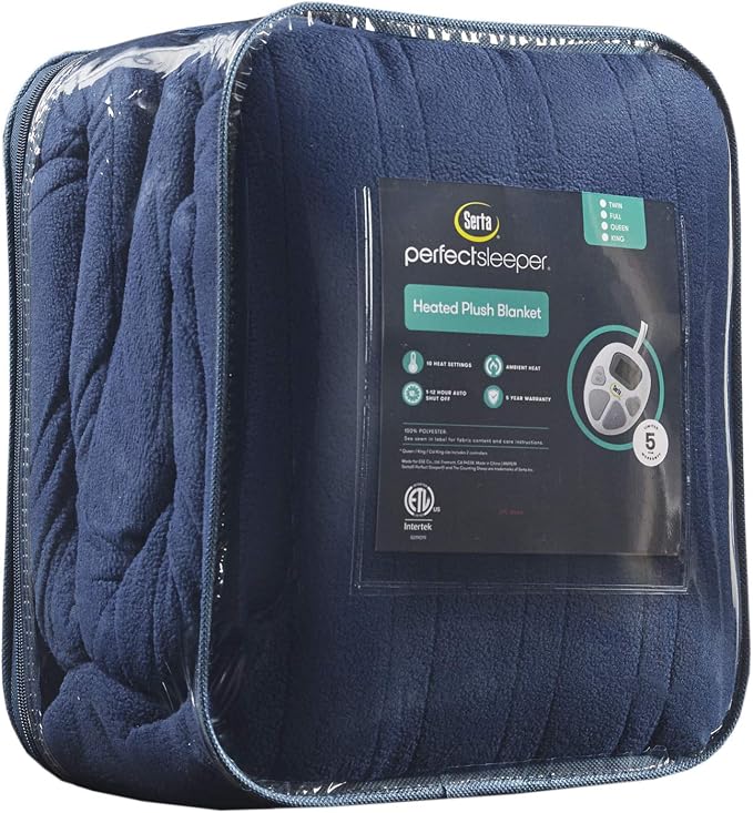 Serta Heated Blanket Full - Reversible Fleece Heating Blanket, Indigo | Dual-Layer Heated Throw Blanket With 5 Heat Settings & Auto Shut Off, Machine Washable, ETL Certified