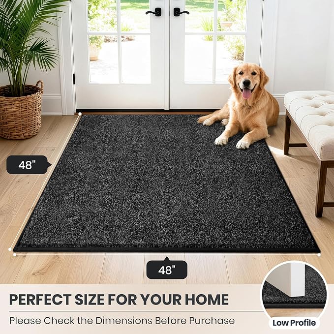PURRUGS Dirt Trapping Door Mat 48" x 48", Non-Slip Machine Washable Entryway Rug, Dog Doormat, Indoor Front Door Mat, Super Absorbent Entry Rug for Muddy Shoes & Paws, Charcoal