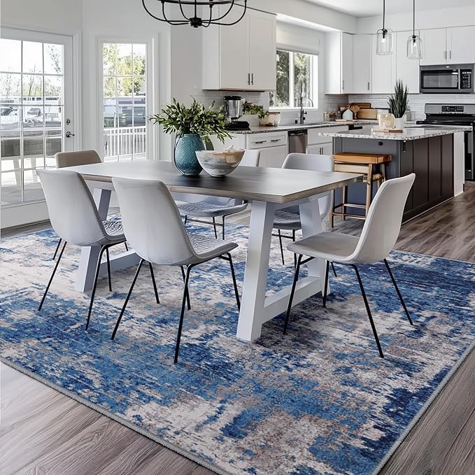 Washable Area Rugs 5'x7' Non-Slip Modern Abstract Soft for Living Room Entryway Bedroom Nursery, Print Pattern, Blue Grey Navy Gray
