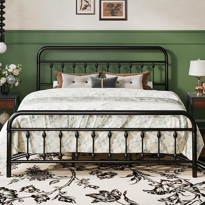 SHA CERLIN King Metal Bed Frame with Victorian Iron-Art Headboard, Black | Victorian Iron-Art Headboard and Footboard, Easy Assembly, Under Bed Storage, No Box Spring Required