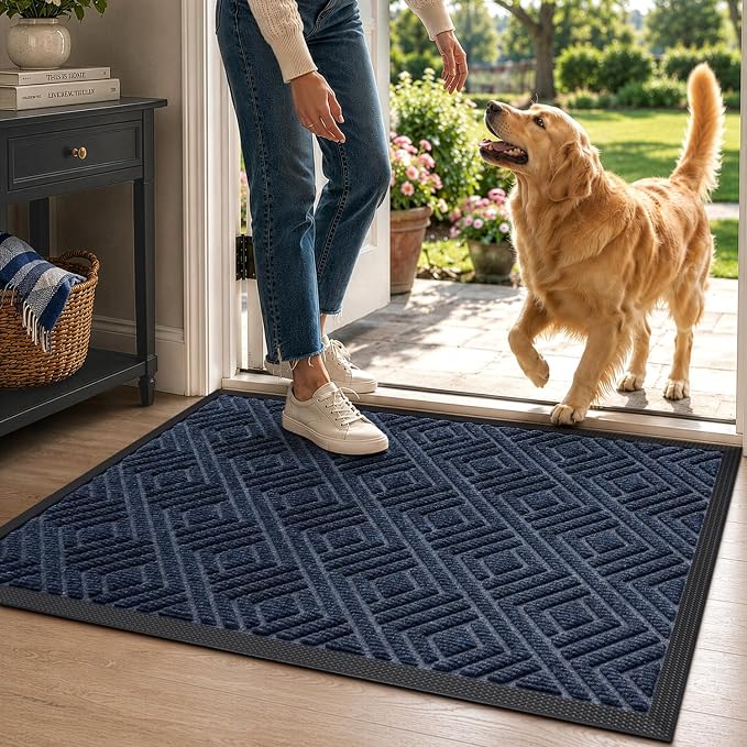 DEXI Front Door Mat Outside Entrance, 17x30 Heavy Duty Entry Doormat Dirt Trapper with Rubber Back, Non Slip Low Profile Floor Mats for Entryway Exterior Patio, Checkered Navy