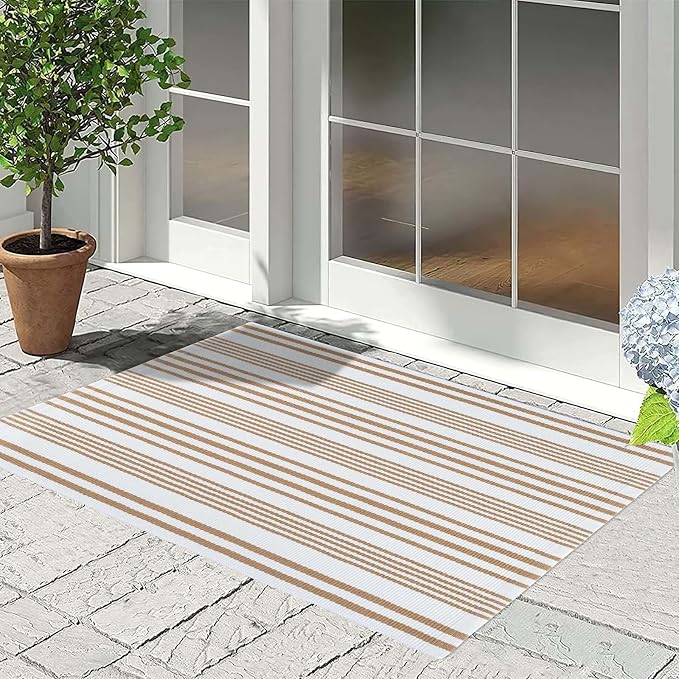 Khaki and White Striped Outdoor Rug 24'' x 35'' Door Mat Outdoor Machine Washable Welcome Mats Cotton Hand-Woven Entryway Rug for Front Porch/Entryway/Laundry/Bathroom/Bedroom