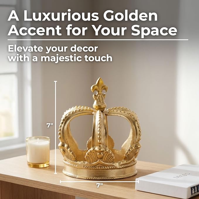 Metal Crown Display for Bathroom Decor - Regal Form Accent Display for Home, Living Room, Office, and Shelf Styling - Sculpture Ornament Statement Piece for Coffee Table Decor - 7", Gold & Metallic