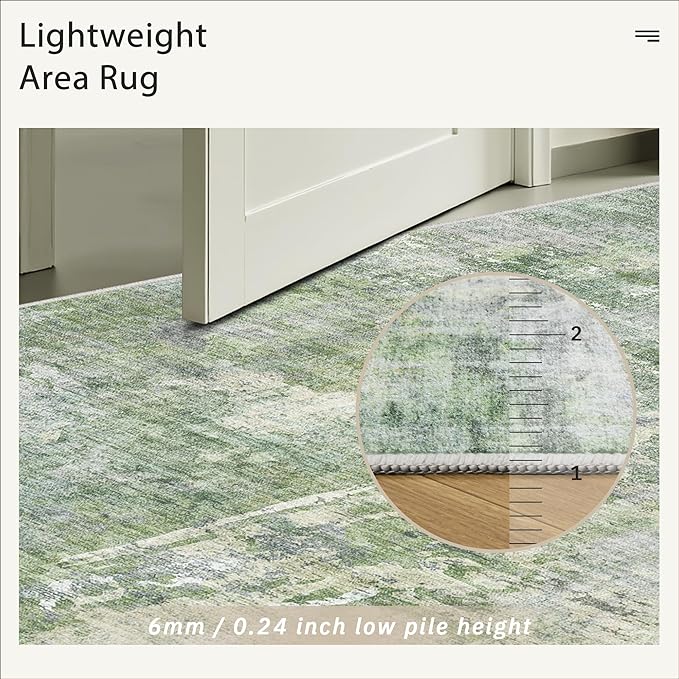 5x8 Area Rugs Green/Ivory Low Pile Indoor Washable Trendy Faded Style Rugs for Bedroom Living Room Dining Room Foldable Non-Slip Thin Print Home Office Mat