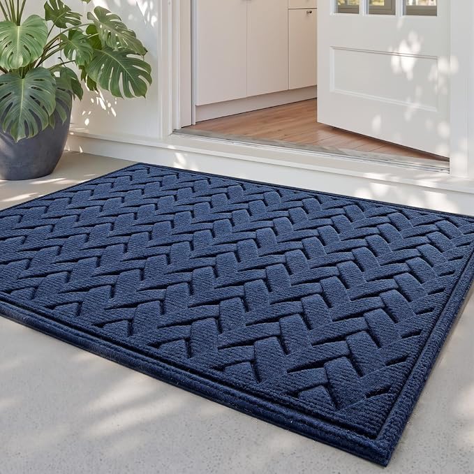 DEXI Front Door Mat Outside Entrance, 2x3 Heavy Duty Entry Doormat Dirt Trapper with Rubber Back, Non Slip Low Profile Floor Mats for Entryway Exterior Patio, Wave Navy