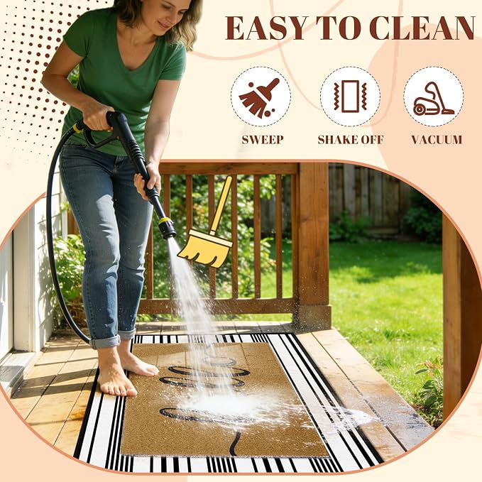 2pcs Layered Doormat Set, Welcome Door Mat for Outdoor Front Door, 16x24 PVC Coil & 24x32 Crystal Velvet Non-Slip Layering Entry Mats for Farmhouse Porch Decoration（Hello, Striped）