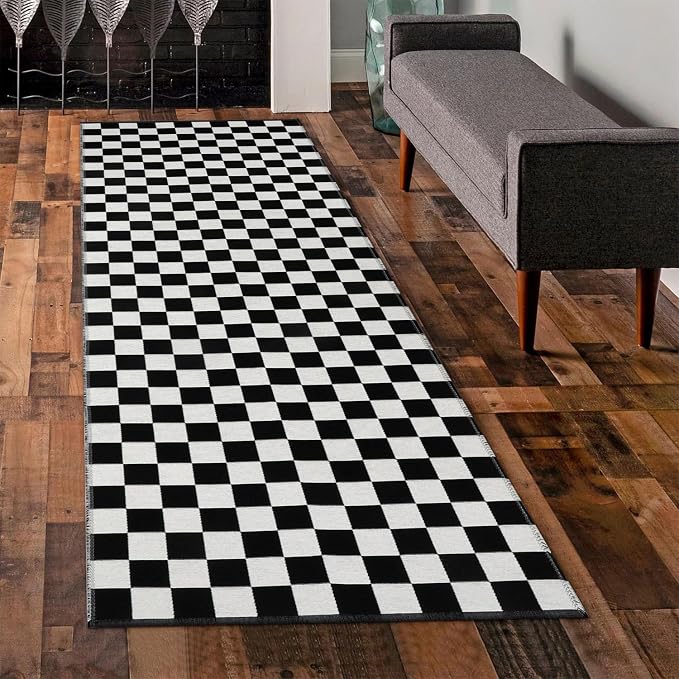 Seavish Checkered Runner Rug, 2x6 Ft Black and White Hallway Runner Rug | Washable Indoor Outdoor Entryway Runner Rug Reversible Checkerboard Area Rugs for Bedroom Bathroom Laundry Room Kitchen
