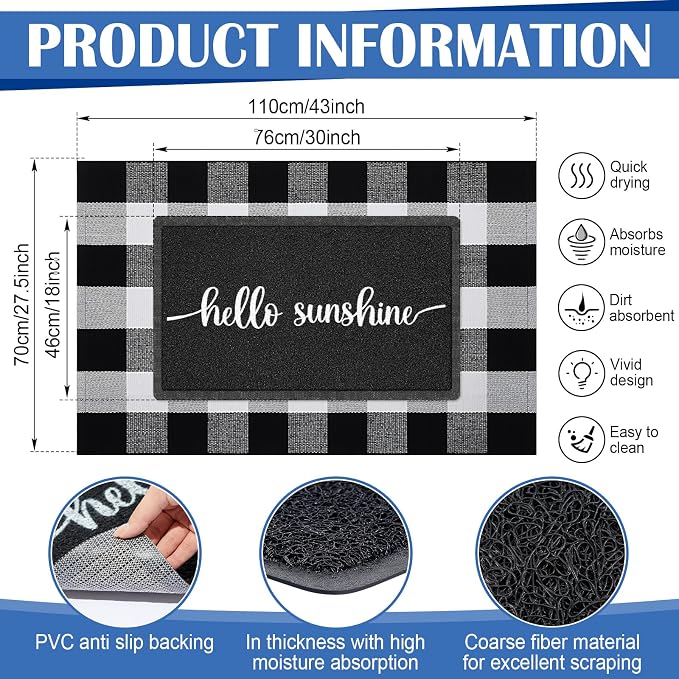 Geelin 2 Pcs 30'' x 18'' Doormat 43'' x 27.5'' Black and White Layered Rug for Front Door Mat Outside Entrance Welcome Door Mats for Indoor Outdoor Entryway Porch Decor(Hello Sunshine)