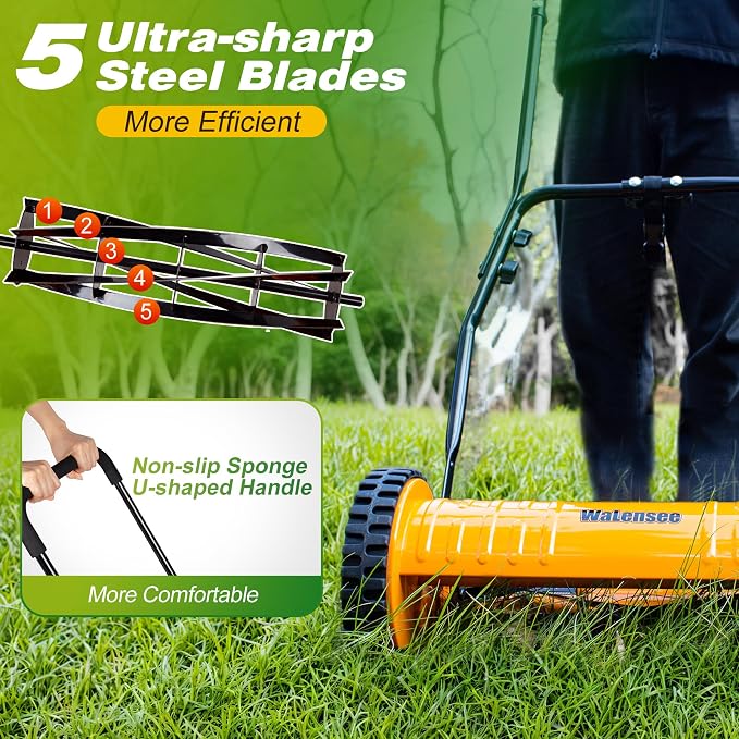 Walensee 16-Inch Manual Lawn Mower, 5-Blade Push Reel, 4 Heights | Precision-Ground Alloy-Steel Blades Make Clean Scissor-Like Cuts, With Quiet Cordless Operation For Small Lawns