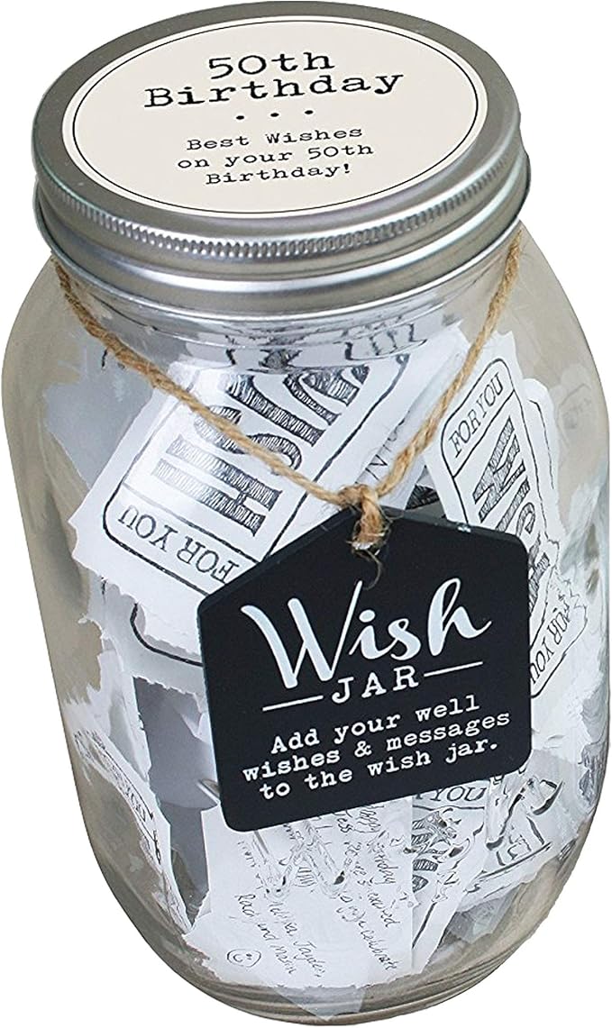 Top Shelf 50th Birthday Wish Jar With 100 Tickets, Pen, and Decorative Lid
