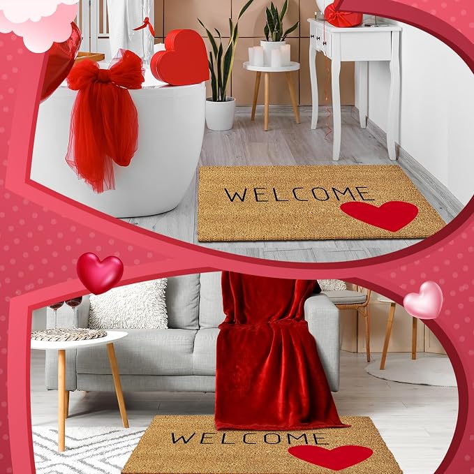 Ceenna Valentine's Day Coir Doormat Romantic Outdoor Indoor Decoration Red Heart Non Slip Welcome Door Mat 15.7" x 27.5" Valentine's Day Rug Decorative Front Door Mat for Porch Gifts