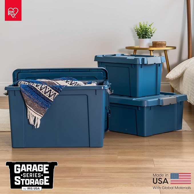 IRIS USA 4-Pack 19 Gal Heavy Duty Lockable Storage Totes with lids, Navy | Perfect for moving, garage organization, outdoor equipment and jobsite storage, Designed for dependable everyday use