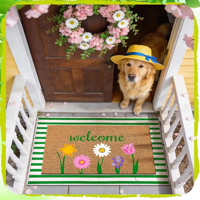 Moucuny 2 Pcs Spring Coir Doormat Outdoor Flower Welcome Outdoor Rug Front Porch Mats Layered Green and White Stripe Rugs for Spring Front Porch Entryway Decor