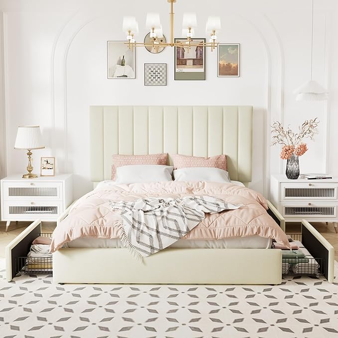 Allewie Queen Size Storage Bed Frame, Vertical Channel Tufted Adjustable Headboard, Velvet Upholstered Platform Bed with 4 Oversized Underbed Drawers, Wooden Slats Support, No Box Spring Needed, Cream