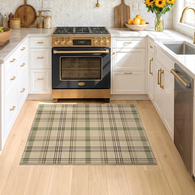 3x4 Entryway Door Mat Indoor – Washable Non Slip Small Rug for Front Door, Kitchen Sink, Mudroom, Garage Entry, Low Profile Easy Clean Farmhouse Plaid Floor Mat,Sage Decor