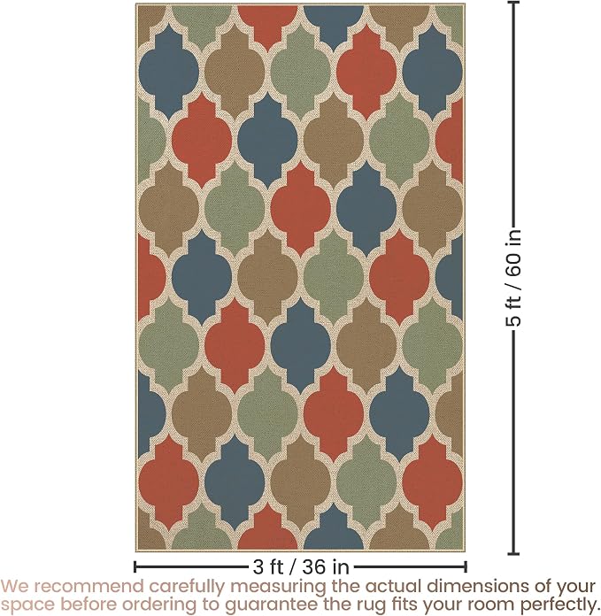 Washable 3x5 Moroccan Trellis Easy Jute Rug, Colorful Neutral Boho Outdoor Indoor Patio Small Area Rugs, Woven Ultra Thin Non Slip Carpet Door Mat for Entryway Front Door Porch Backyard Kid Playroom