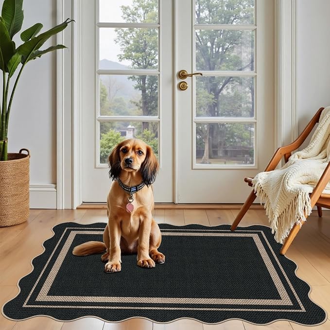 Easy Jute Area Rug 2.6x4, Black Indoor Outdoor Carpet, Washable Non-Slip Floor Mat for Entryway, Bedroom, Living Room