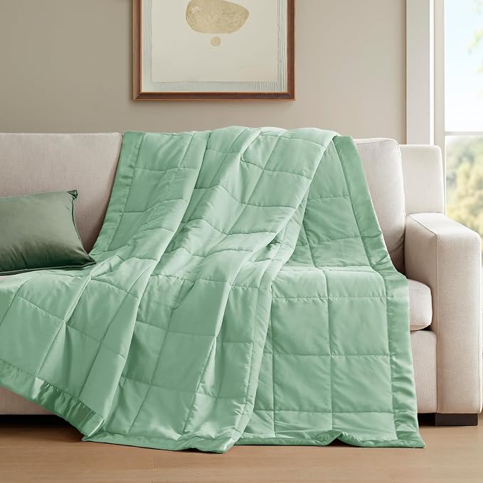 Madison Park Down Alternative Queen Blanket for Bed, Satin Trim, Seafoam | Lightweight Windom Blanket Full Size Premium 3M Scotchgard Moisture Wicking Treatment, OEKO TEX, Soft Bed Cover, All Season