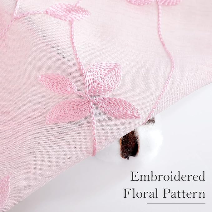 HOMEIDEAS Pink Sheer Curtains 52 X 63 Inches Length 2 Panels Embroidered Vine - Image 2
