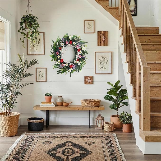 Garvee 20 Inch Artificial Spring Flower Wreath for Front Door | Colorful Floral Door Wreath with Eucalyptus Leaves, Daisies, and Mixed Blooms for Indoor Outdoor Porch Wall Window Home Decor
