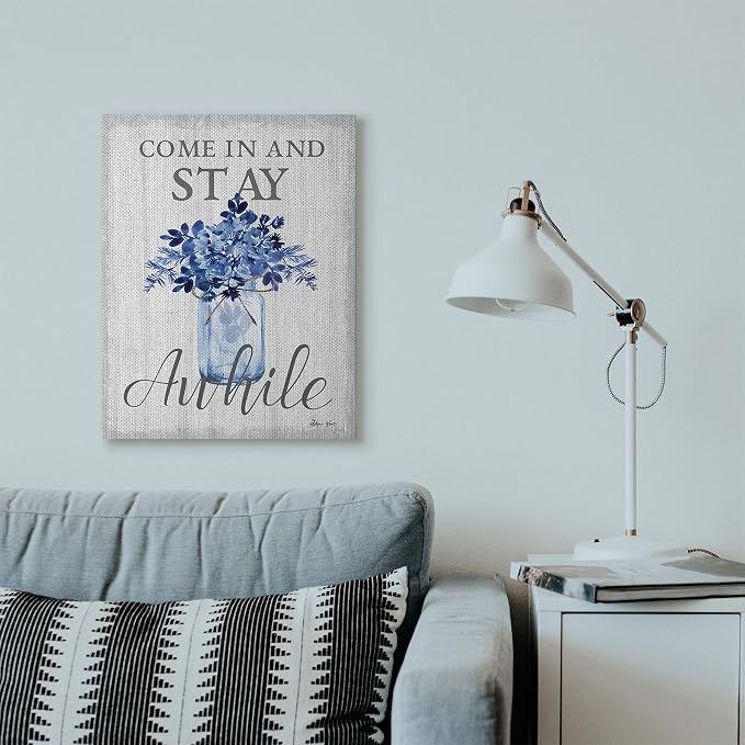 Stupell Industries Stay Awhile Blue Flower Jar Grey Word Design Canvas Wall Art, Multi-Color