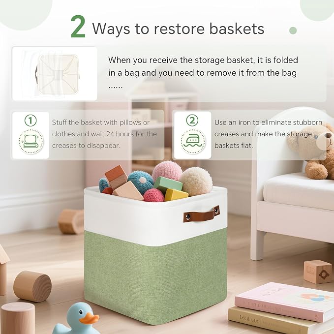 FinishingBo 11x11 Cube Storage Bins 6 Pack, Fabric Basket with Handles | Foldable Storage Cubes, PU Leather Handles,Closet Storage, White Green