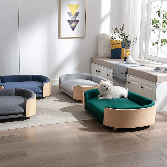 Elevated Dog Bed Pet Sofa with Solid Wood Legs and Bent Soft Backrest, Pet Cat Stool Bed with Velvet Cushion,for Large and Medium Size Dogs Kitten, Large Size