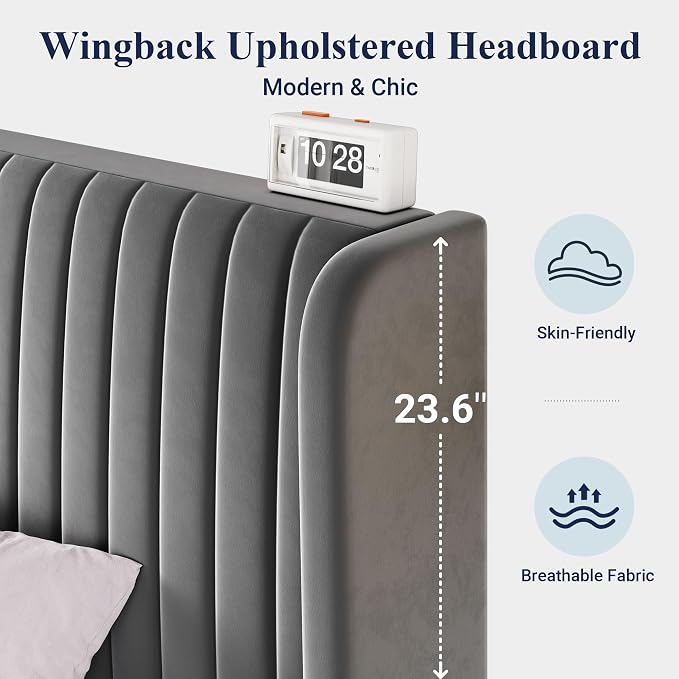 Allewie King Size Velvet Bed Frame/Vertical Channel Tufted Wingback Headboard/Upholstered Platform Bed/No Box Spring Needed/Strong Wooden Slats/Easy Assembly/Grey
