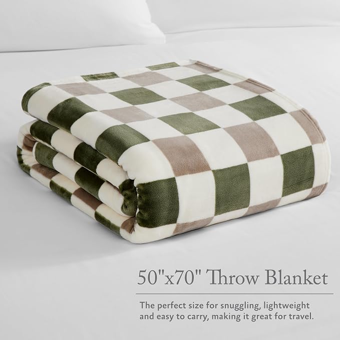 Jessica Simpson Plush 50"X70" Throw Blanket - Emery Checkerboard Olive/Grey - Luxurious Plush Blanket for Ultimate Comfort and Cozy Warmth