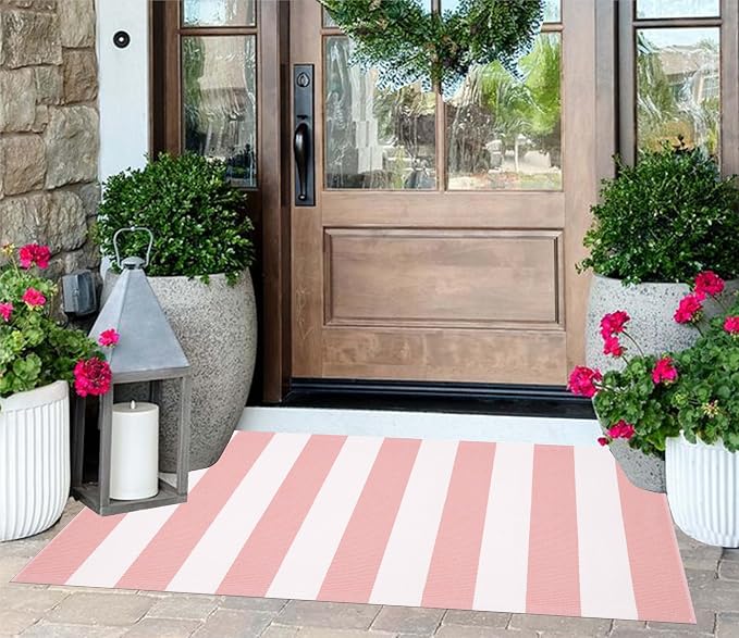 Front Door Mat 24"x51",Pink and White Striped Layered Doormat Cotton Woven Washable Indoor Outdoor Porch Rug Farmhouse Small Area Rug for Porch/Entryway/Home Entrance Decor